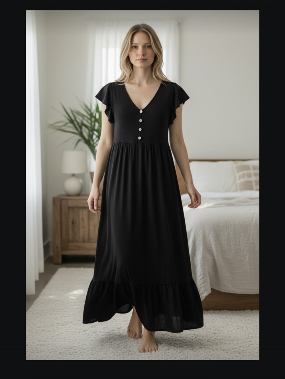 See You Monday  Button-Front Maxi Dress with Ruffle Hem